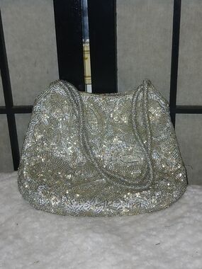 La Regale Silver Beaded Evening Bag